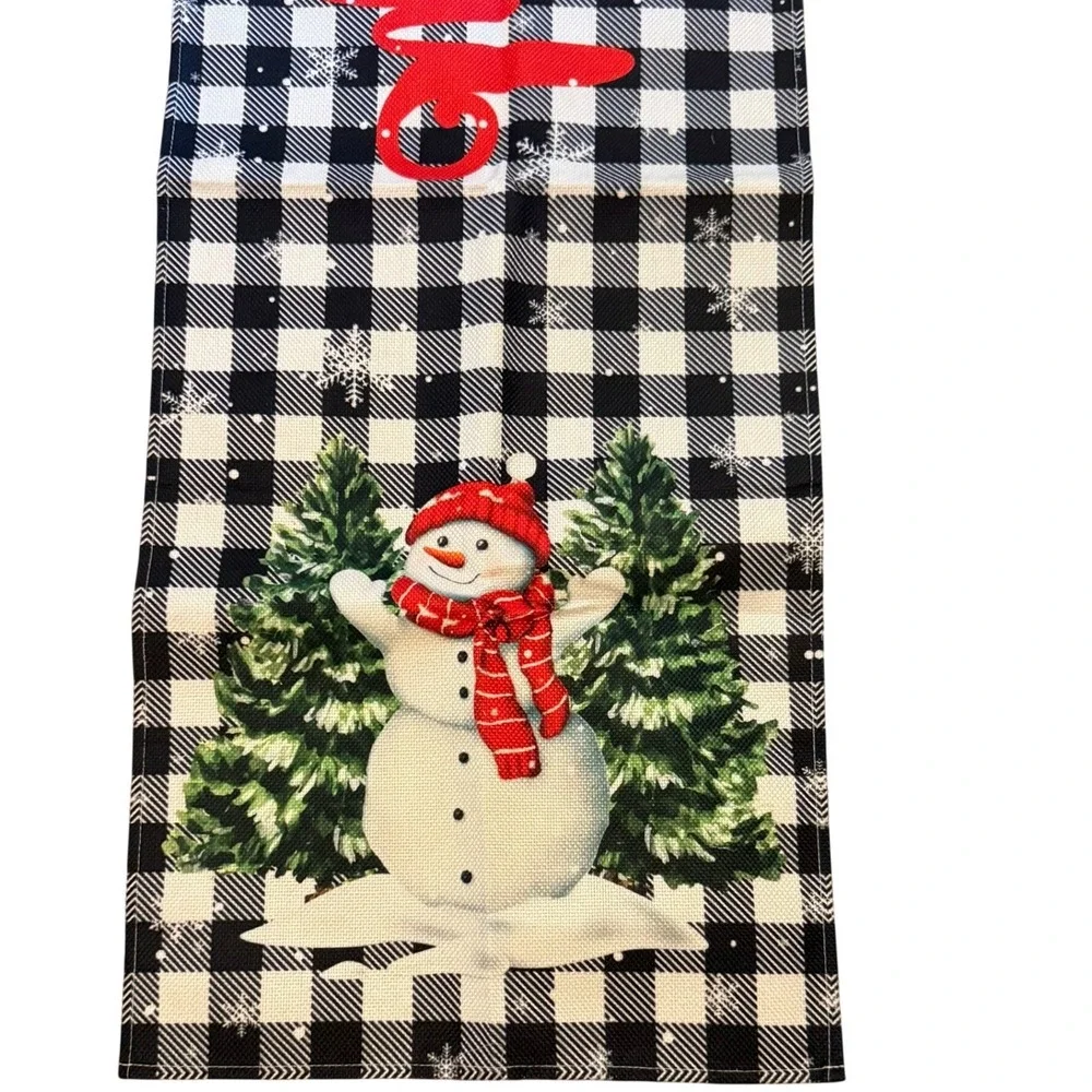 Merry Christmas Buffalo Plaid Table Runner Snowman Holiday Decor Black White Red